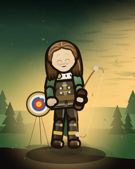 A smiling archer with a longbow beside a target, a pine wood at dusk behind her.