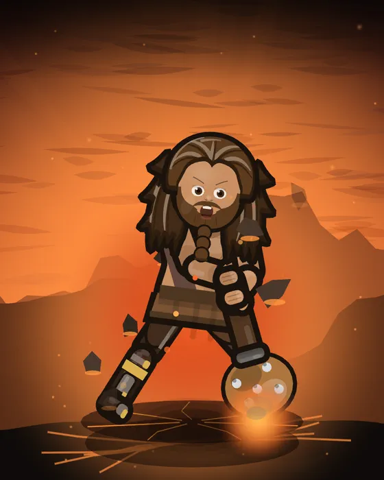 A barbarian thrall swinging a huge club before burning mountain peaks.
