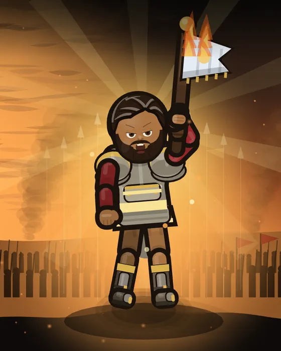 A bearded field commander holding the King's battle standard before a burning field.