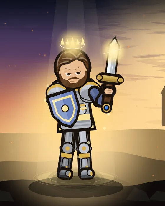 A knight in polished plate raising a glowing sword before a castle at dawn.