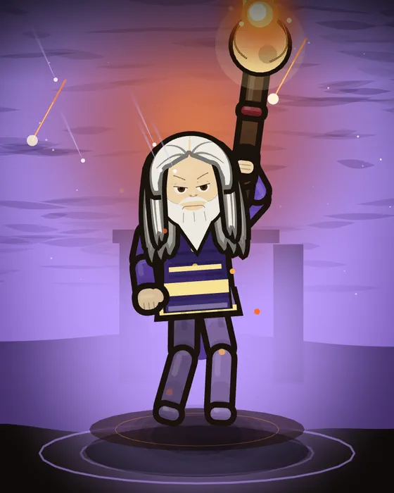 A white-bearded mage raising a fiery staff as stars fall over the ruins.