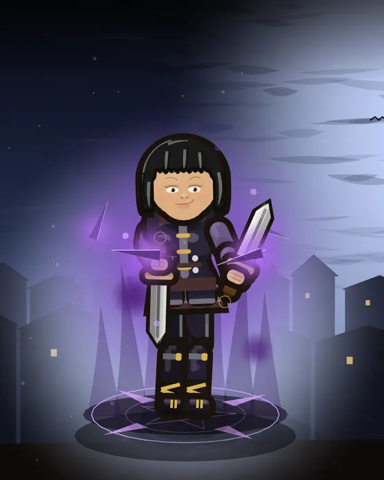 A spy with twin daggers wreathed in violet light on the rooftops at midnight.
