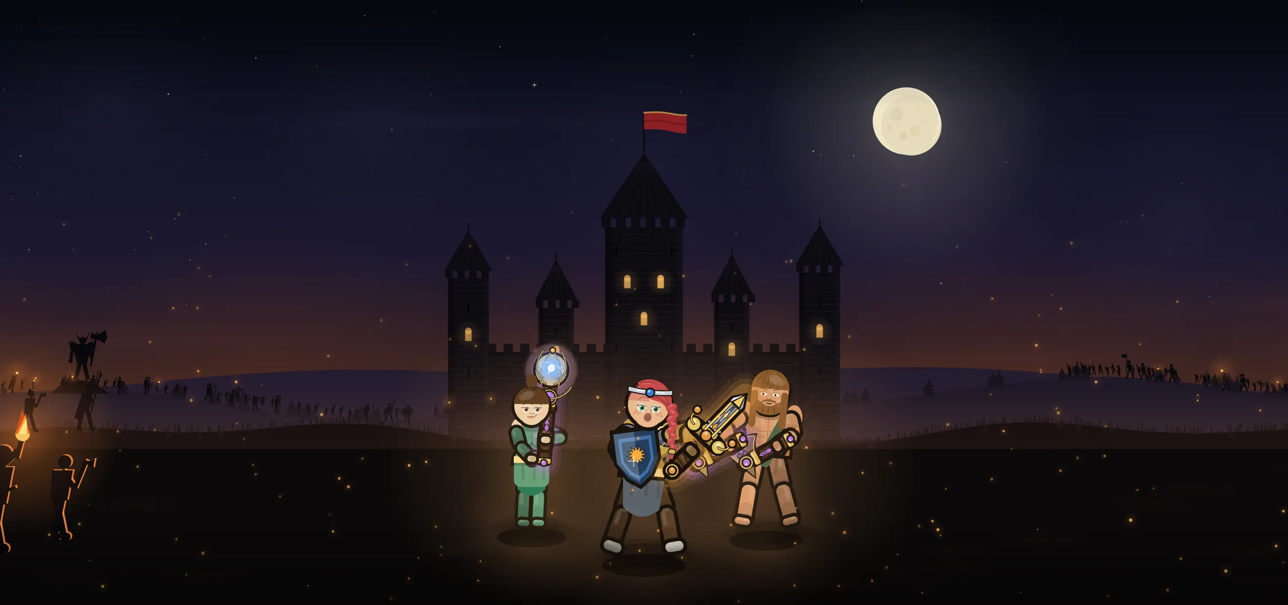 Three vanguards — a mage, a knight and a barbarian — stand before a moonlit castle as a bandit horde with torches closes in.
