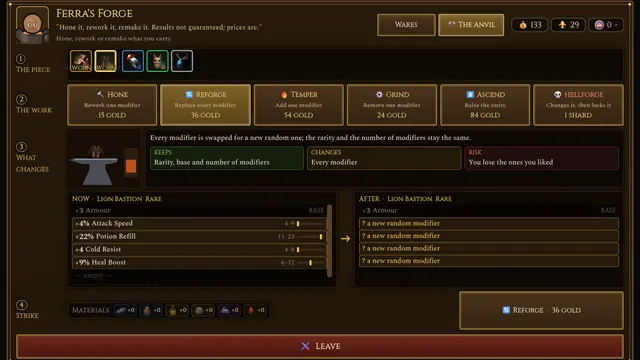Ferra's Forge, the crafting screen