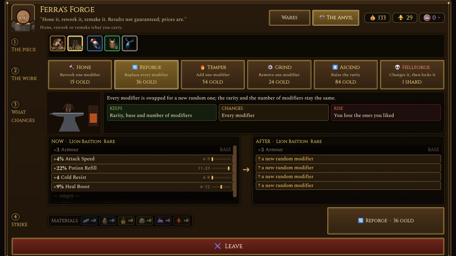 Ferra's Forge: a piece chosen, six services along the top, its modifiers now and after a Reforge.