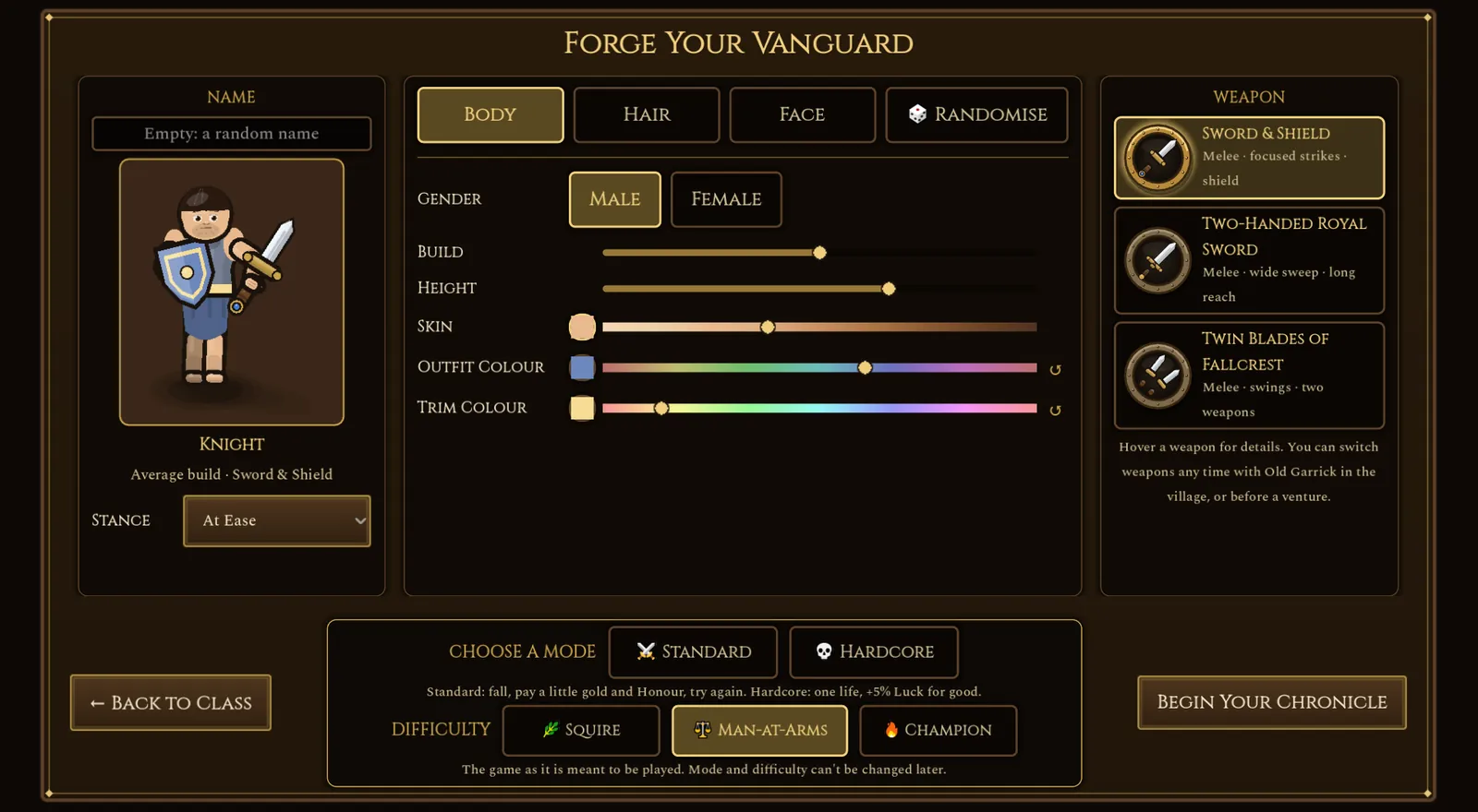 Character creation: a knight's preview, body sliders, hair and face tabs, and the choice of weapon.