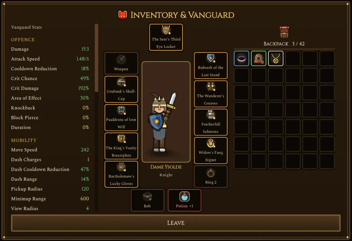 The inventory: the vanguard's stats on the left, their worn gear around a portrait, the backpack on the right.