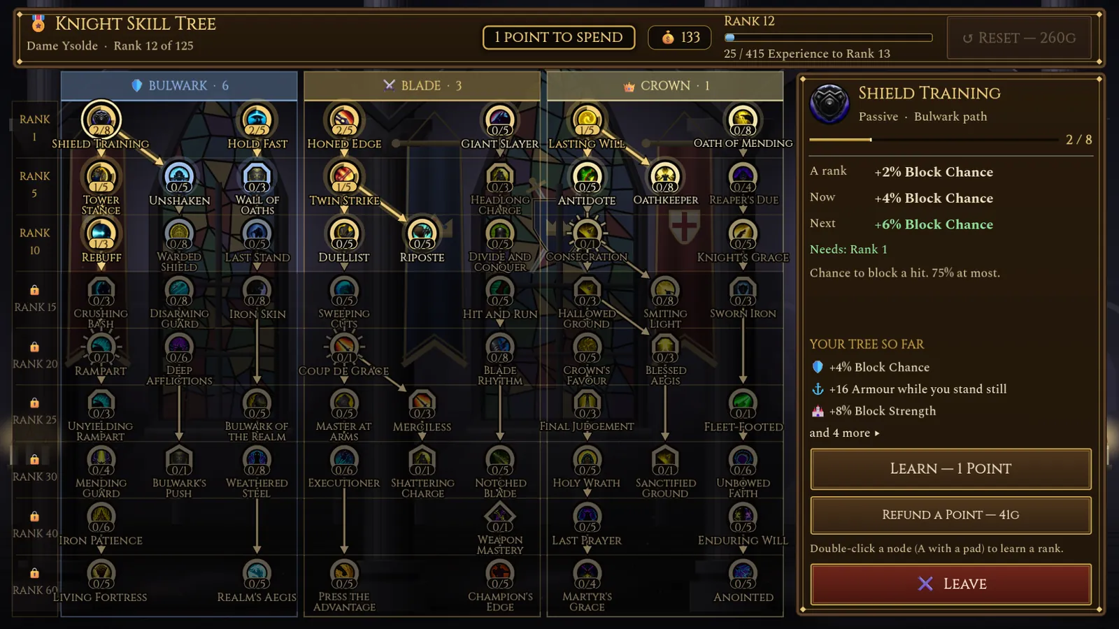 The Knight's skill tree: three paths of round nodes over a stained-glass backdrop, with the chosen node's ranks on the right.
